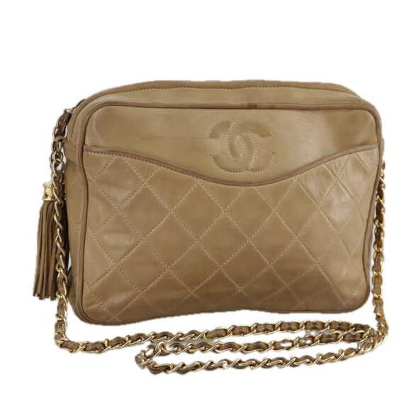CHANEL Matelasse Chain Shoulder Bag Lamb Skin Beige Gold CC Auth 108395 - Picture 1 of 16